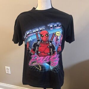 Black Deadpool here to party M Graphic T-Shirt with Red and Pink Design